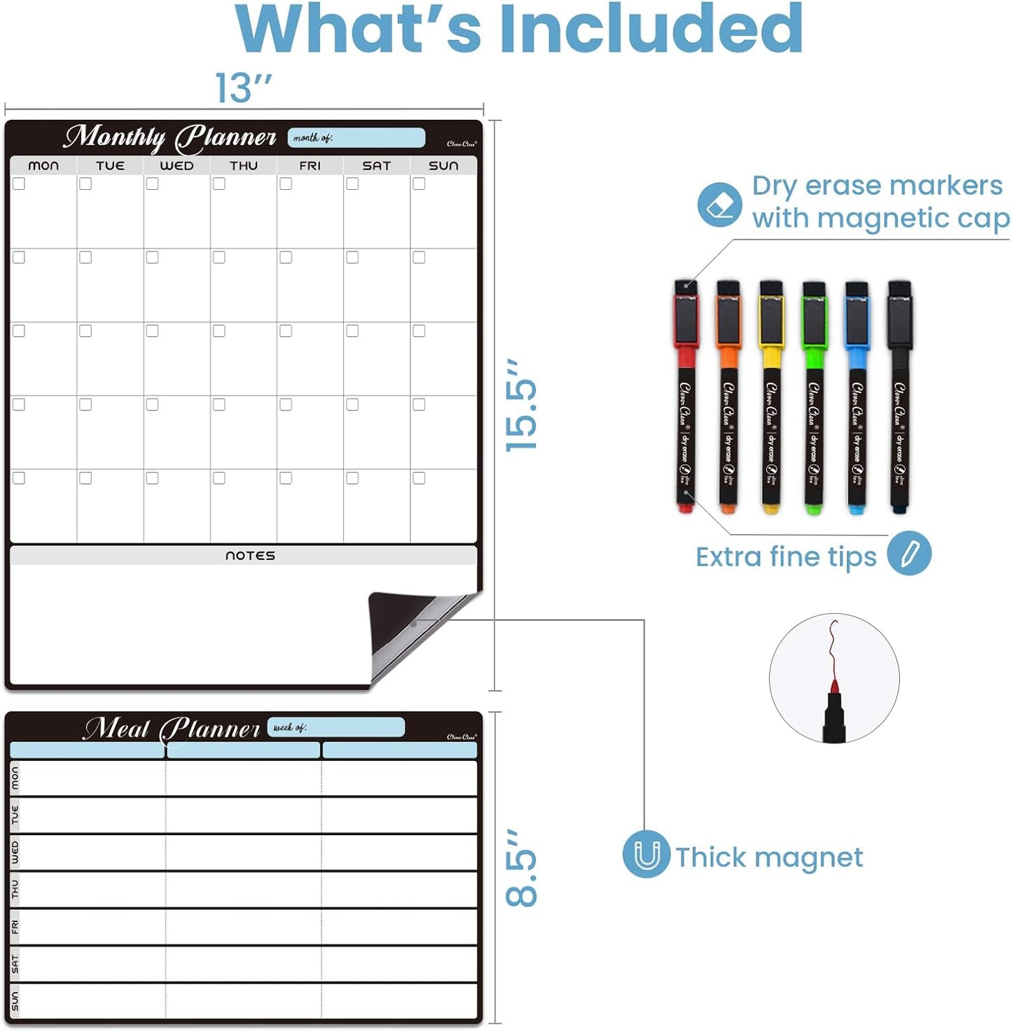 Magnetic Dry Erase Monthly Calendar Set - 15.5"x13" Monthly and 8.5"x13" Weekly Calendar for Fridge - 6 Extra Fine Point Markers Included - Shipped Flat