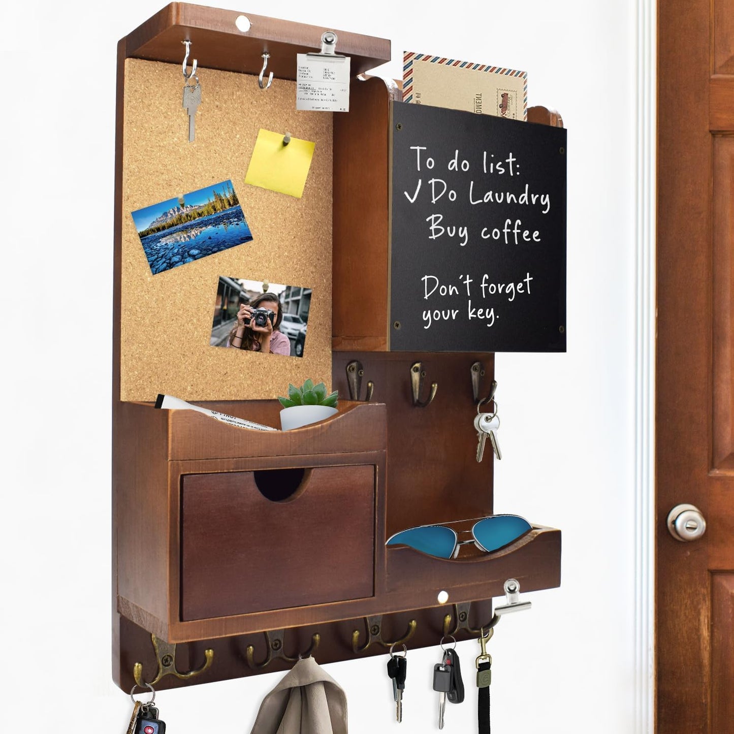 Key Holder for Wall Mount with Shelf and Mail Organizer, Key and Mail Holder with 16 Hooks, Farmhouse Entryway Organizer, Home Decor Rack (Pine Wood, White Washed)