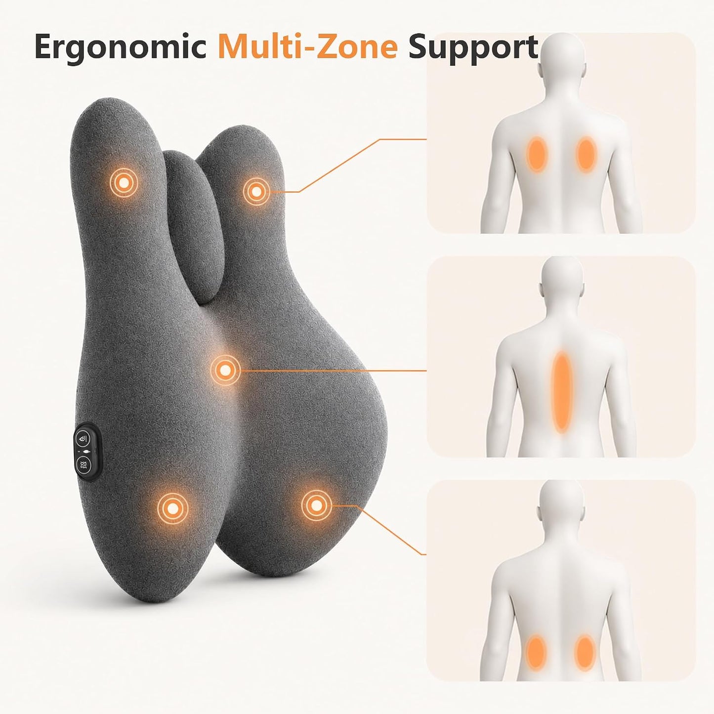 Lumbar Support Pillow with Heat and Vibration Massage for Lower Back Pain Relief & Comfort, Ergonomic Memory Foam Back Cushion with Adjustable Strap for Office Chair, Car Seat and Sofa, Grey