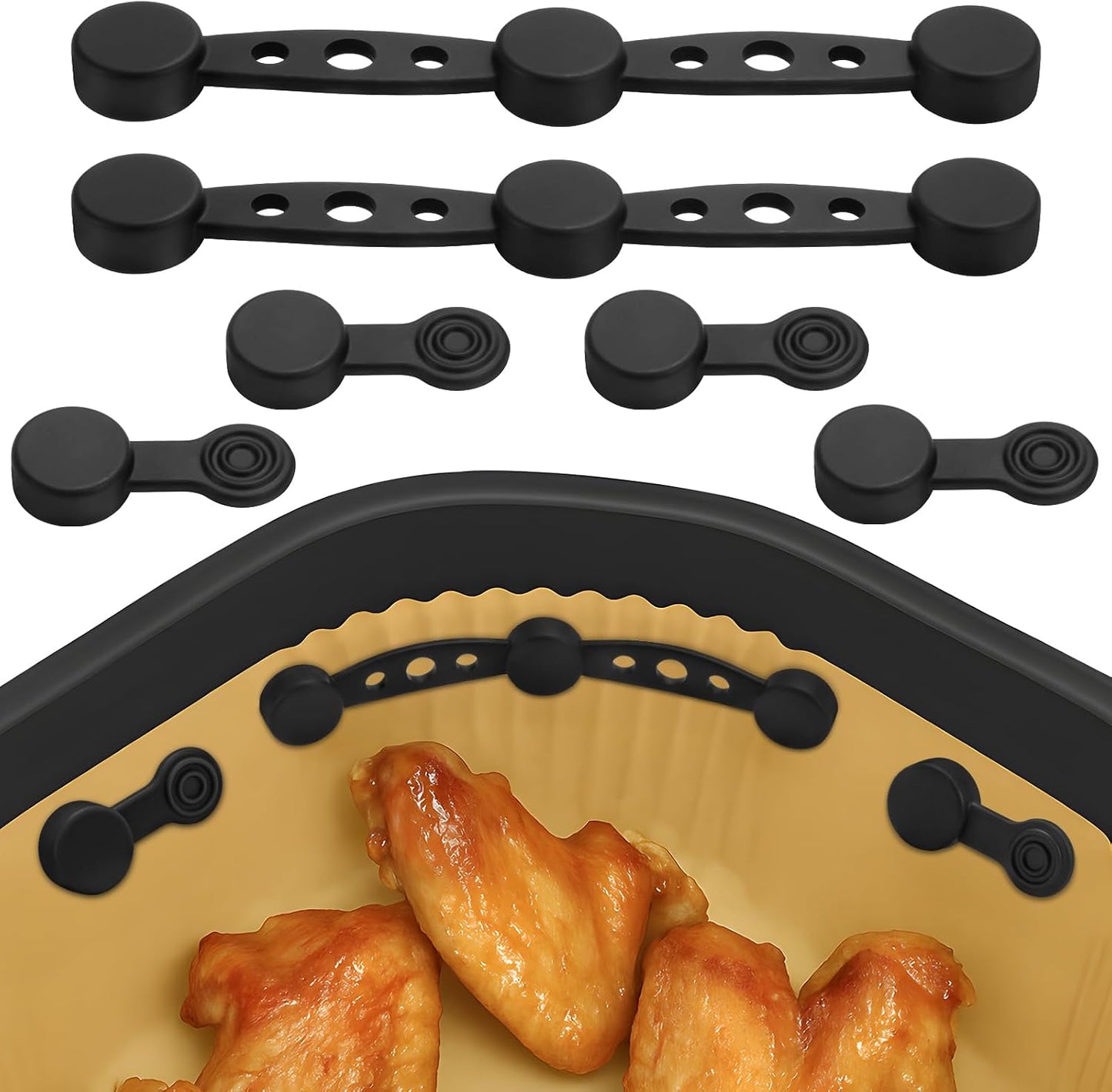 Air Fryer Magnet Silicone Buckles for Parchment Paper – 2 Pack Reusable Accessories for Disposable Basket Liners, Secure Baking Paper, Prevent Shifting & Burning (Black)