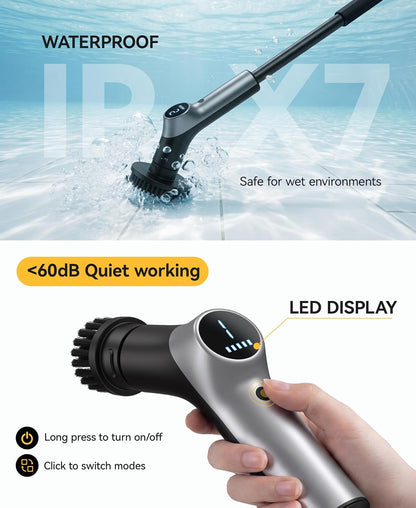 Electric Spin Scrubber for Bathroom,IPX7 Cordless Cleaning Brush with 6 Replaceable Brush Heads,120 Mins Runtime Power Shower Scrubber with Adjustable Extension Handle and Durable Brush Head for Tub