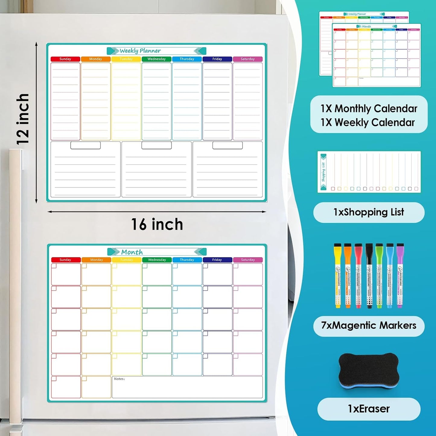 MaxGear Weekly Dry Erase Board for Fridge, 16"x12" Magnetic Calendar | Strong Magnetic, Smooth Writing and Effortless Erasing, Stain Resistant without any Stains with 7 Markers and 1 Eraser