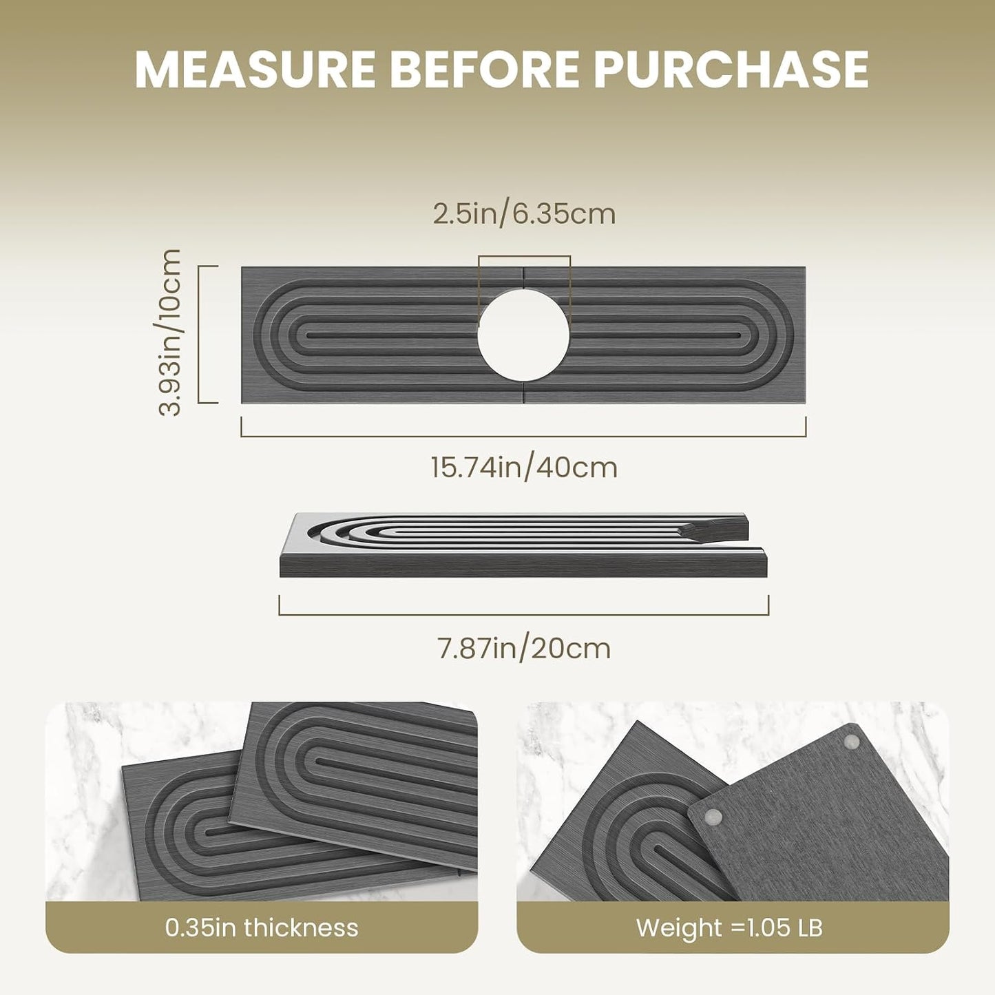 Diatomite Faucet Mat for Kitchen Sink, Quick-Dry Stone-Like Sink Mat, Flat Lay Absorbent Countertop Drying Mat for Faucet Area, Hard Diatomite Mat, Gray, 23.6 x 4 in