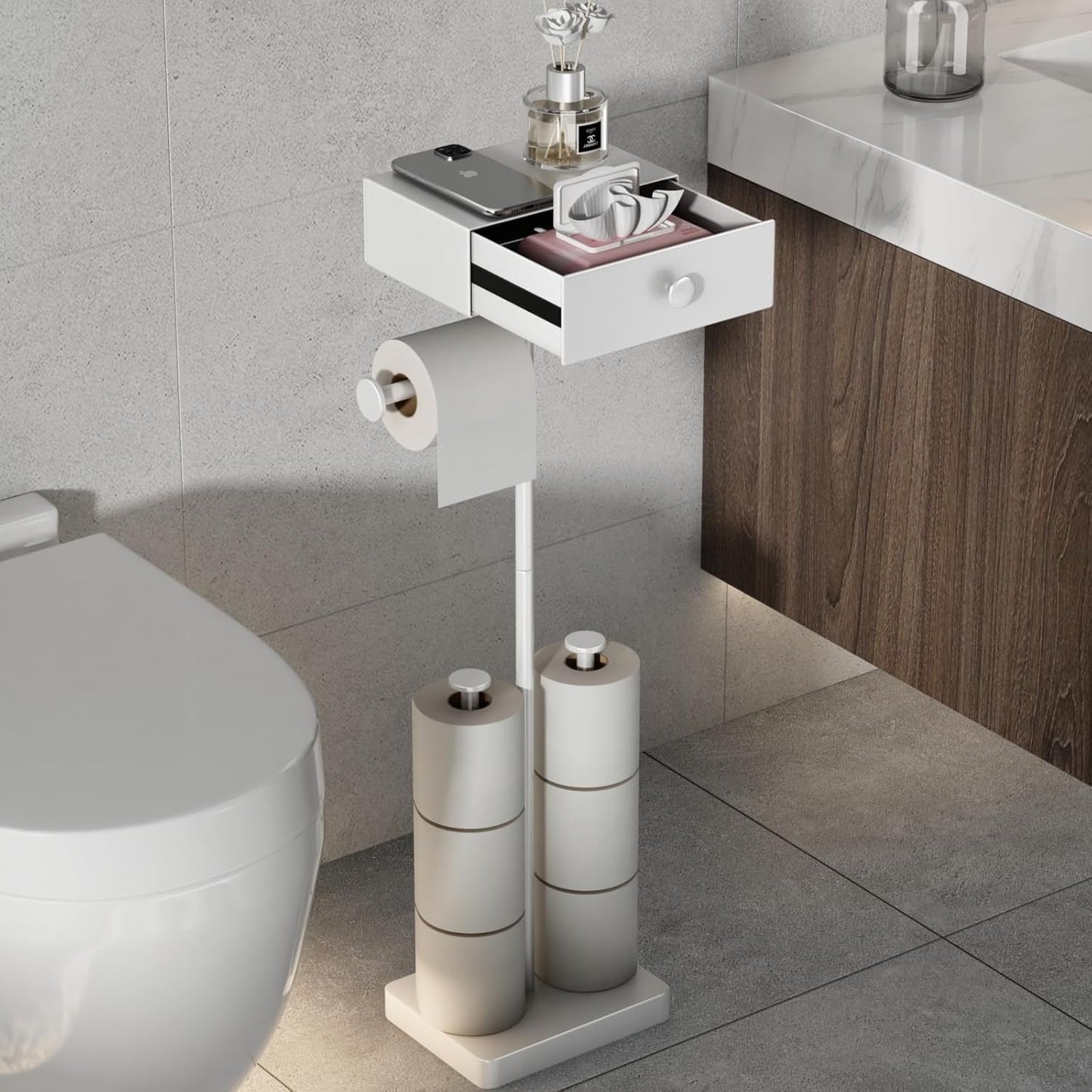 VOLDRA Toilet Paper Holder with Shelf Black Wipes Dispenser for Bathroom Toilet Paper Holder with Storage Upgrade Drawer Design Toilet Tissue Holder Adhesive Small Bathroom Shelf Wall Mount
