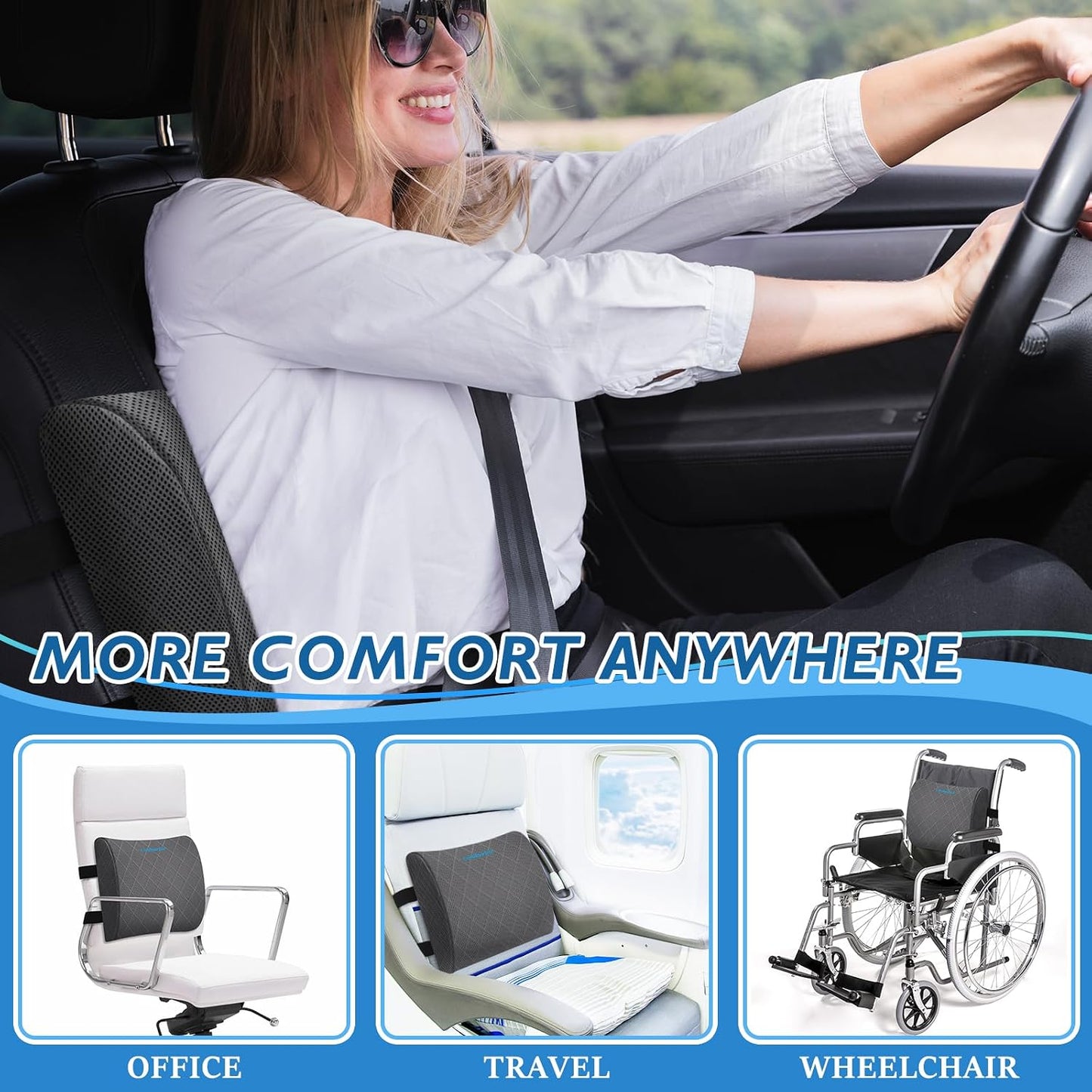 Lumbar Support Pillow for Office Chair, Back Support, Memory Foam, Grey | Improve Sitting Posture & Back Pain Relief. Lumbar Pillow Fits Office, Gaming & Car Chairs with Adjustable Dual Straps