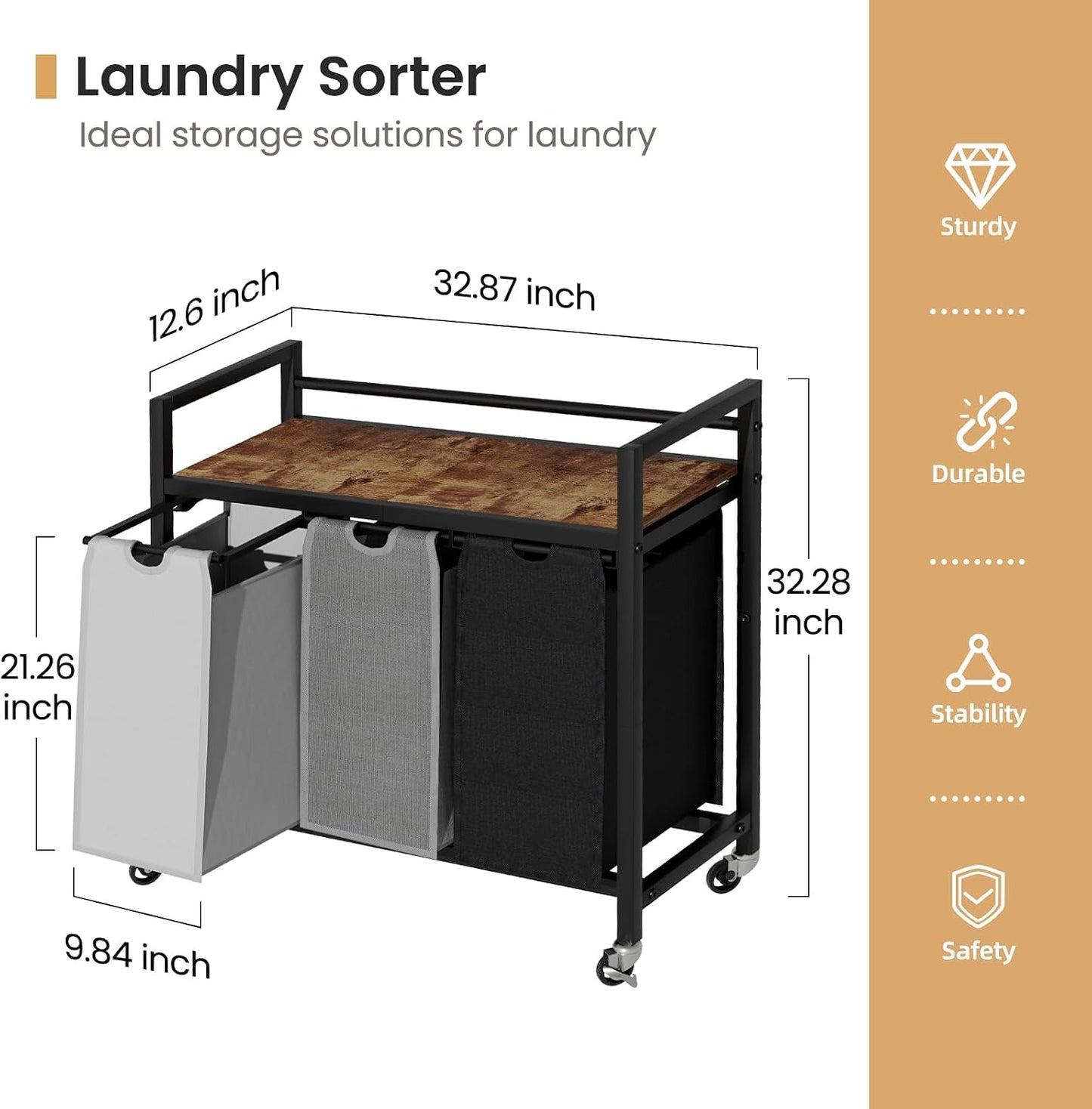 SwaaVee Laundry Sorter, Laundry Hamper 3 Section, 3×11.4Gal, Metal Frame Rolling Laundry Basket with Wooden Top Shelf, Pull out and Removable Laundry Bags, 3 Bags-Black