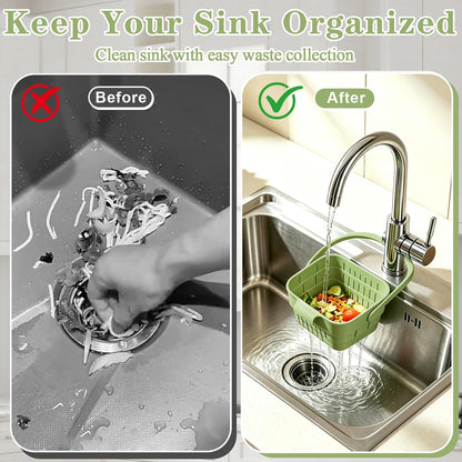 Foldable Hanging Sink Drain Basket, Hanging Sink Basket (Green) | No-Drill Foldable Design Saves Sink Space with Fast Drainage for Food Scraps, Sponge Storage, Fruit Rinsing and Kitchen Use