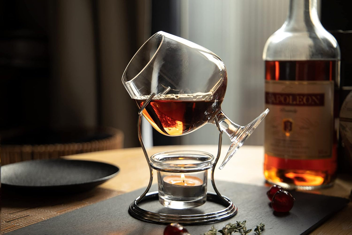 BarCraft Brandy Glass and Warmer Gift Set, 350ml Glass, Tea Light Holder and Metal Stand, 3-Piece Set