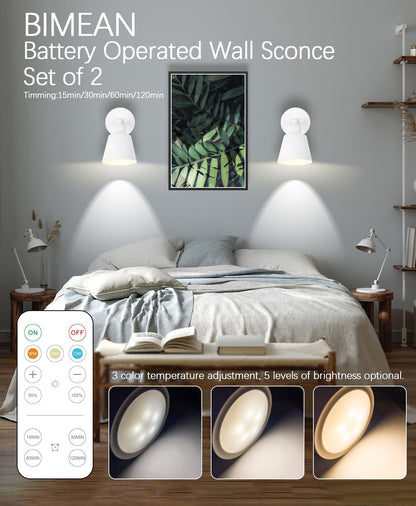 Black Battery Operated Wall Sconce Set of Two, Easy to Install Wireless Lights for Wall, Remote Control Dimmable LED Lights, Auto Timer Wall Lamp Fixtures for Bedroom, Gallery, Living Room, RV