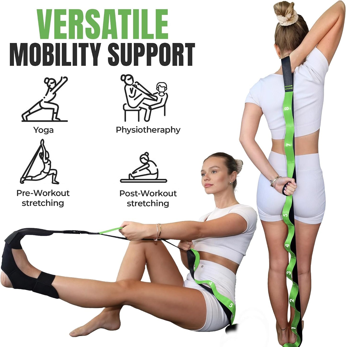 Stretch Strap with Loops Physical Therapy - Full Body Exercise Straps for Stretching with Detachable Foot - Leg & Calf Stretcher for Plantar Fasciitis, Physical Therapy, Pain Relief, and Flexibility