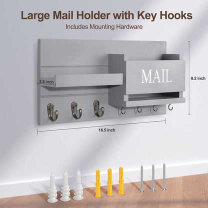 Lwenki Mail Organizer for Wall Mount – Key Holder with Shelf Includes Letter Holder and Hooks for Hallway Farmhouse Decor – Rustic Wood with Flush Mounting Hardware (16.5” x 9.1” x 3.4”) (White)