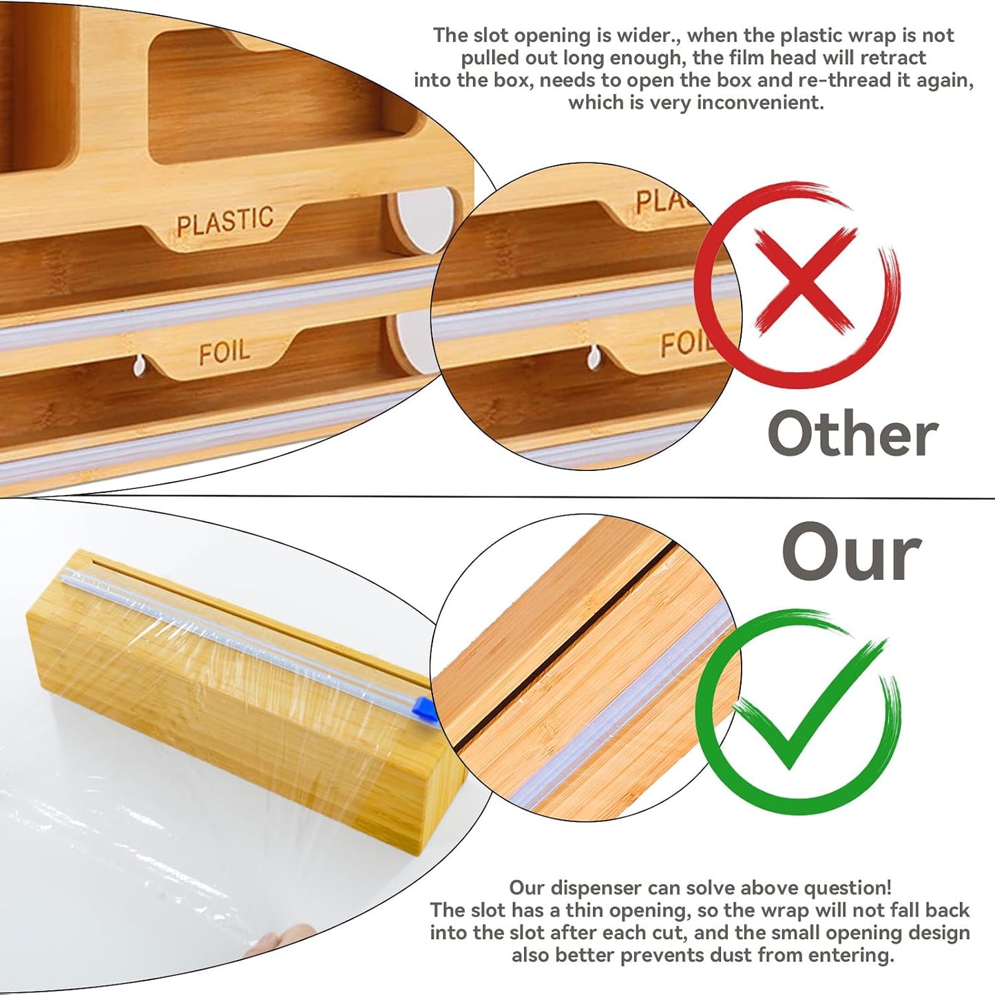 Uncle Jack Plastic Wrap Dispenser with Slide Cutter, Fit 13'' Rolls, Bamboo Aluminum Foil Dispenser with Cutter for Wax Paper, Saran Wrap