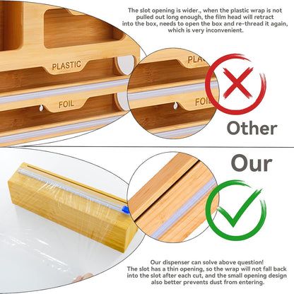 Uncle Jack Plastic Wrap Dispenser with Slide Cutter, Fit 13'' Rolls, Bamboo Aluminum Foil Dispenser with Cutter for Wax Paper, Saran Wrap