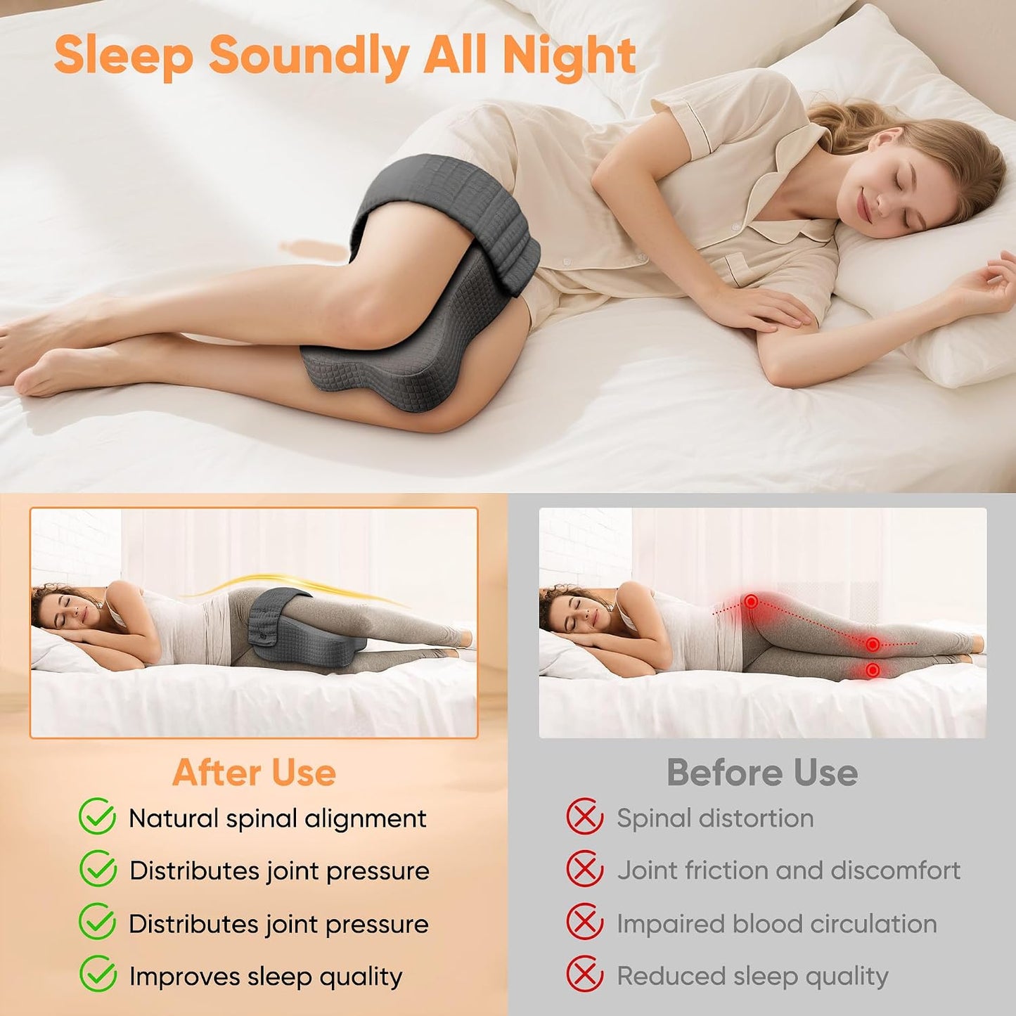 Knee Pillow for Side Sleepers, Leg Pillow for Side Sleeping, Sciatica Pain Relief, Hip with Ergonomic Memory Foam – Large Grey Cushion for Thigh, Knee, Back & Leg Support