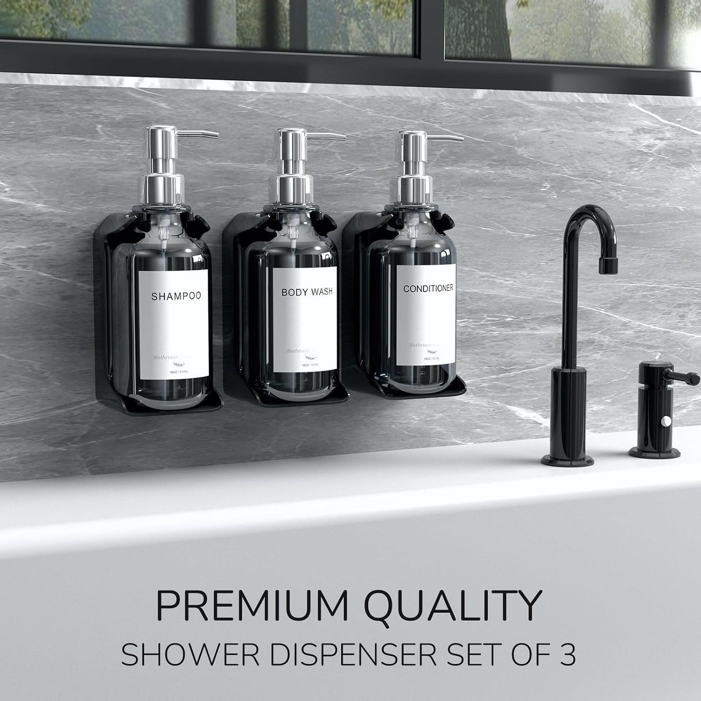 Modern Shampoo and Conditioner Dispenser - Shower Soap Dispenser Wall Mounted - 3-Pack 16 oz Plastic Amber Bottles with Black Pumps - Stylish Shampoo Dispenser, Shower Dispenser 3 Chamber No Drill