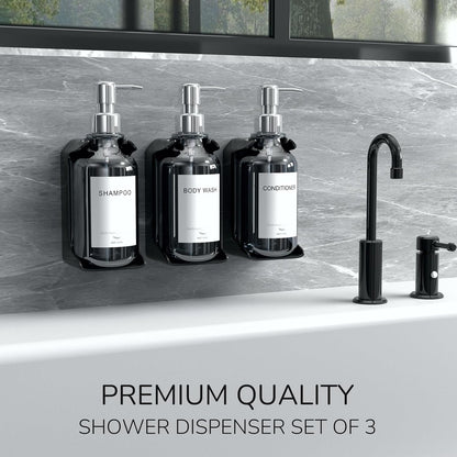 Modern Shampoo and Conditioner Dispenser - Shower Soap Dispenser Wall Mounted - 3-Pack 16 oz Plastic Amber Bottles with Black Pumps - Stylish Shampoo Dispenser, Shower Dispenser 3 Chamber No Drill