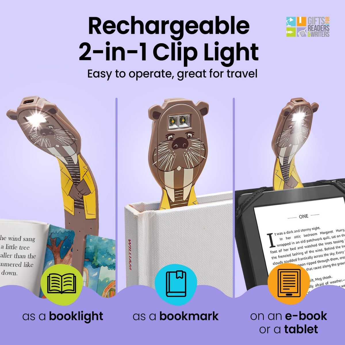 Gifts for Readers & Writers Rechargeable Book Light for Kids, Clip On Reading Light for Bed, 2in1 Flexilight Pals & Bookmark, 12 Hours of Light Once Charged, Includes USB Cable & 2 LED Lights, Dog