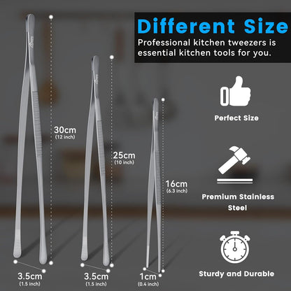 HOTEC Kitchen Tweezers Tongs Stainless Steel, Set of 6 - Professional Cooking Tweezers for Cooking, Chefs, BBQ, Seafood, Baking & Repair