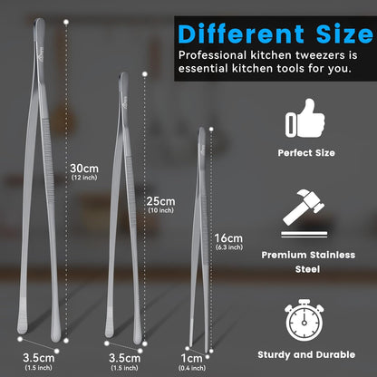 HOTEC Kitchen Tweezers Stainless Steel Cooking Tweezers -6.3" and 12"