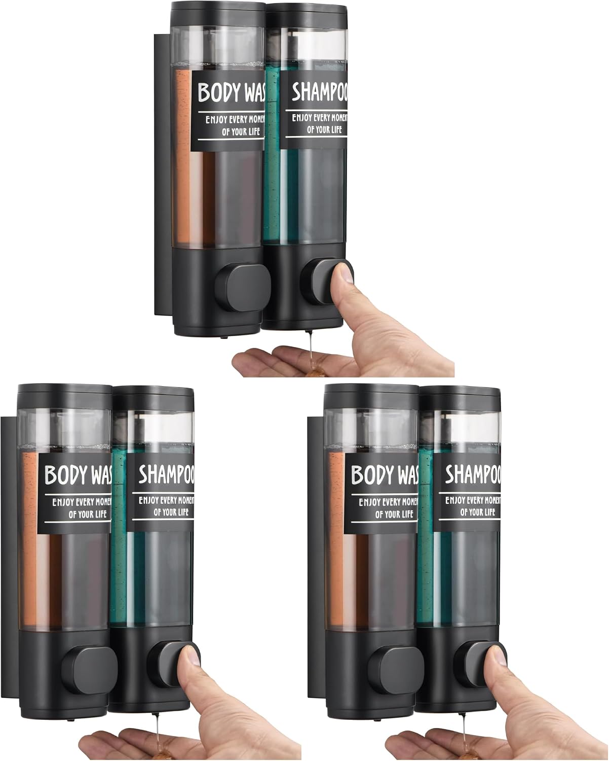 Shampoo and Conditioner Dispenser,GlintGath Shower Dispenser 2 Chamber No Drill Shampoo Dispenser for Shower Wall Mounted Shower Soap Dispenser for Bathroom Hotel,2 * 300ML,Matte Black