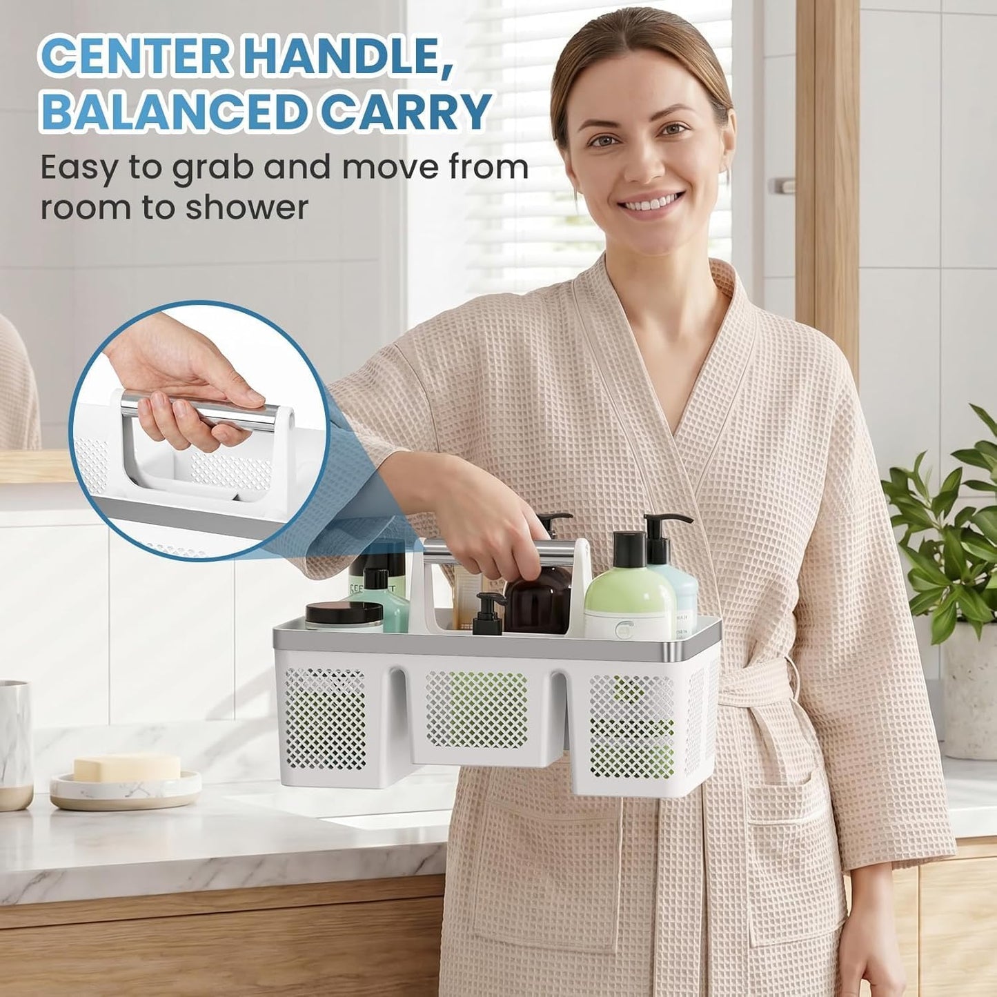 BYUNER Portable Cleaning & Shower Caddy with Handle: Rigid Plastic Basket with 4 Divided Compartments, All-Side Drainage for College Dorm, Bathroom & Utility Use, Black/Gold