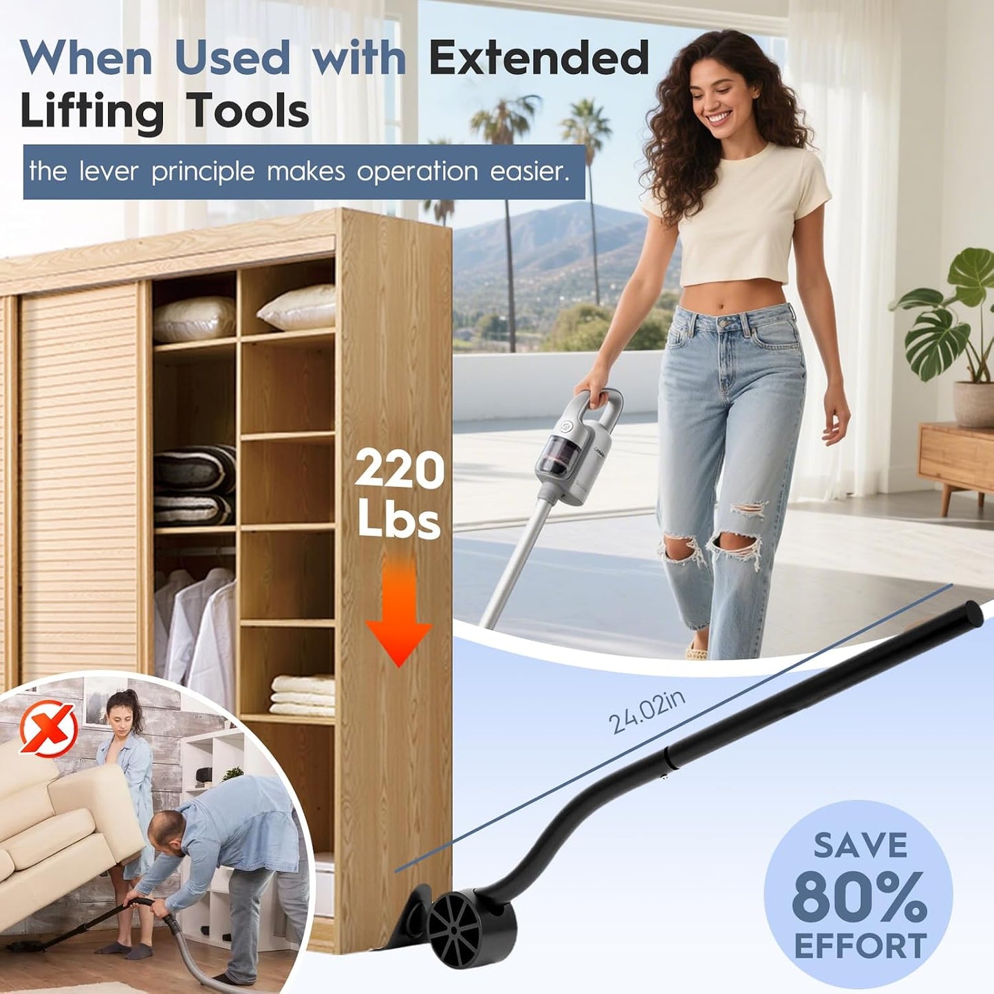 Furniture Lifter Tool + 8-Pack of 4.72" Furniture Sliders for Hardwood Floors and Carpet, Save 80% Effort, Move Heavy Furniture Easily, Reusable Moving Pads, Floor Protectors for Carpet