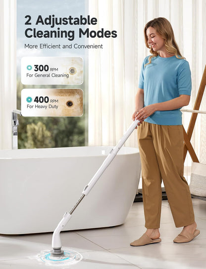 Electric Spin Scrubber HS1, Cordless Shower Scrubber for Cleaning with 4 Replaceable Brush Heads Adjustable Extension Handle, IPX7 Waterproof Cleaning Brush for Bathroom Floor White