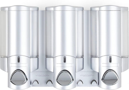 Better Living Aviva Wall Mount Shower Dispenser, 3 x 11 oz, Satin Silver | 3 Chamber, Shower Dispenser for Bathroom, Built-in Hooks, No Drill, Waterproof Dispenser Pump