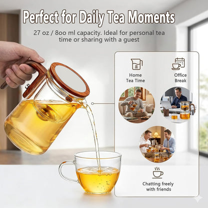 TeSabMi Magnetic Glass Teapot with Infuser, 27 oz, One-Touch Brewing | Heat-resistant borosilicate glass, detachable infuser and controlled tea separation for loose leaf, herbal and blooming tea