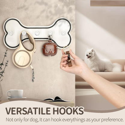 MTERSN Dog Leash Holder Wall Mount with 3D Paws Hooks, Distressed White | Bone-Shaped Dog Leash Holder for Wall, Leash Holder, 5 Dog Leash Hook, Pet Accessories Storage, Gift for Dog Lovers