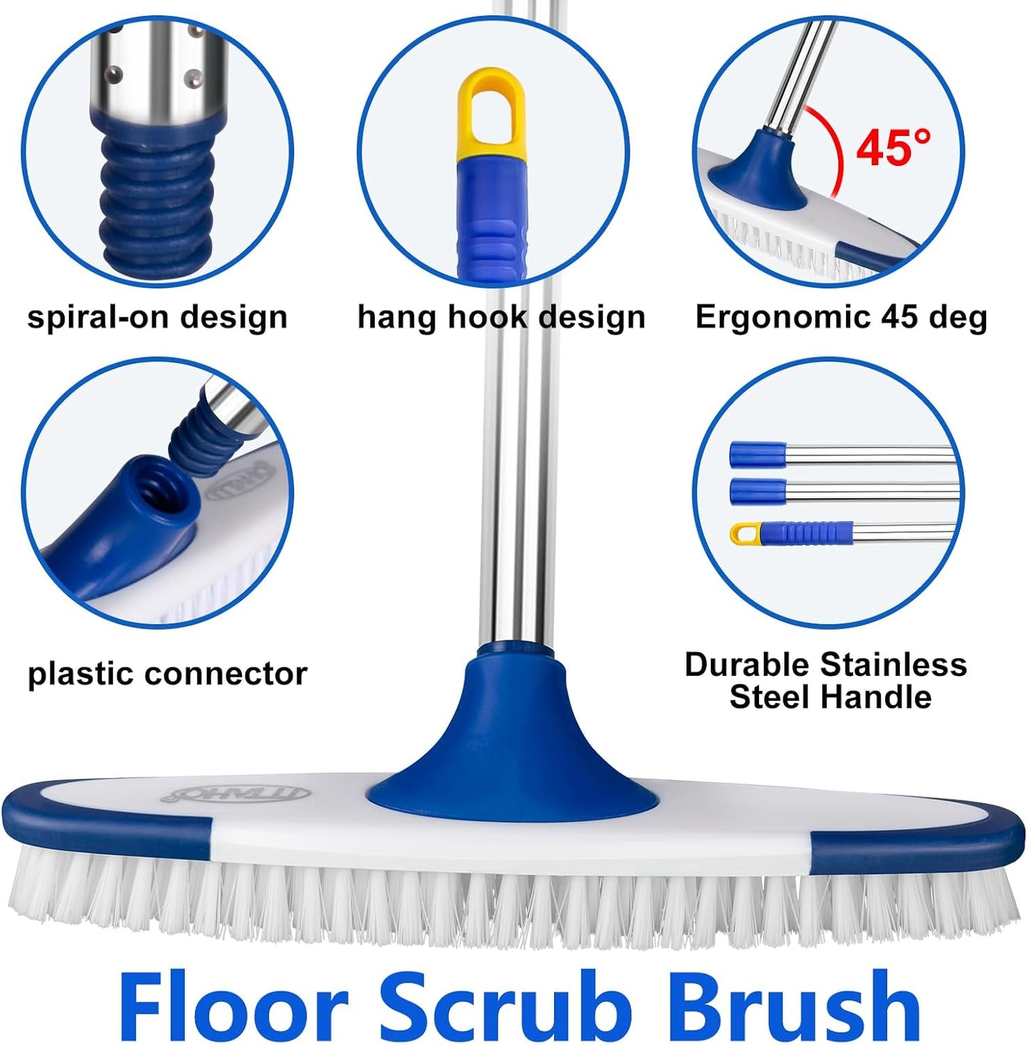 Floor Scrub Brush with Long Handle - 53" Deck & Grout Cleaner Brush Set for Tile, Marble, Stone, Bathroom, Patio, Garage, Deck & Floor Cleaning