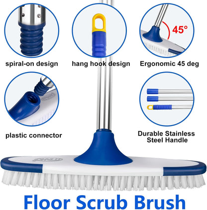 Floor Scrub Brush with Long Handle - 53" Deck & Grout Cleaner Brush Set for Tile, Marble, Stone, Bathroom, Patio, Garage, Deck & Floor Cleaning