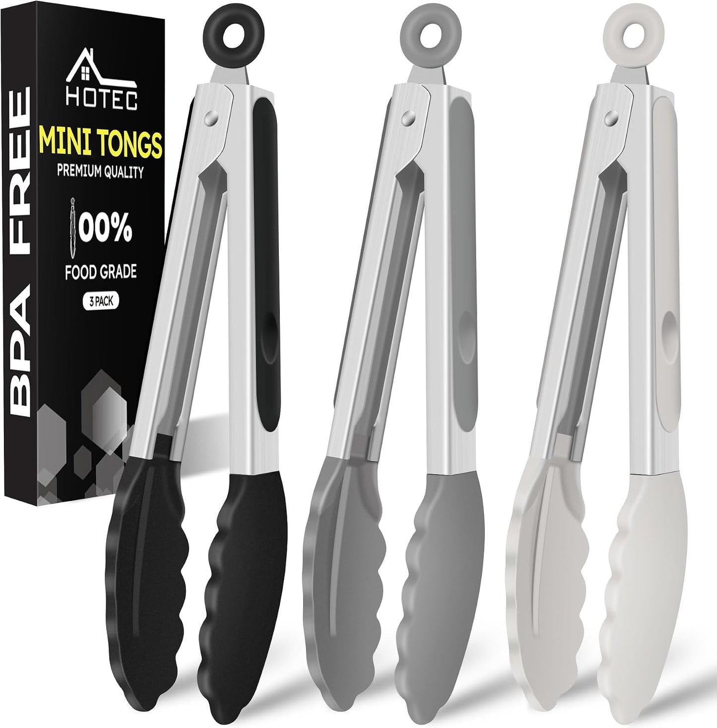 Hotec Mini Silicone Kitchen Tongs for Cooking - 7-Inch Small Serving Tongs with Silicone Tips, Set of 3 (Black,Grey,Light Blue)