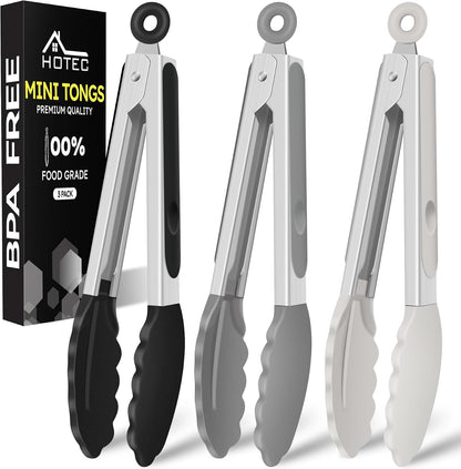 Hotec Mini Silicone Kitchen Tongs for Cooking - 7-Inch Small Serving Tongs with Silicone Tips, Set of 3 (Black,Grey,Light Blue)