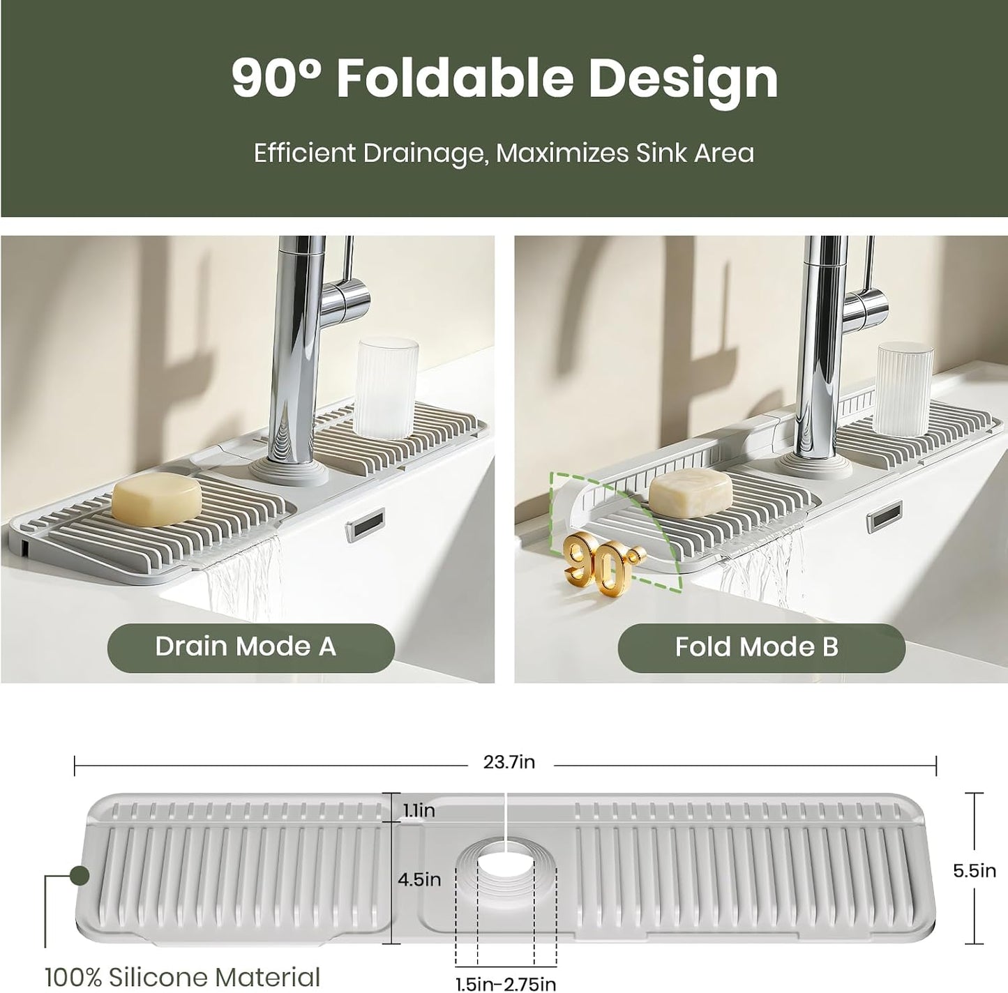 24 Inch Faucet Mat for Kitchen Sink, Silicone Splash Guard for Kitchen Sink Area, 7° Slope Fast Self-Draining Sink Mat, Cuttable Hole Design, Sink Backsplash Guard Draining Mat, Grey