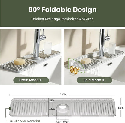 24 Inch Faucet Mat for Kitchen Sink, Silicone Splash Guard for Kitchen Sink Area, 7° Slope Fast Self-Draining Sink Mat, Cuttable Hole Design, Sink Backsplash Guard Draining Mat, Grey