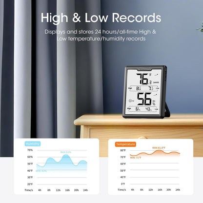 DOQAUS Hygrometer Indoor Thermometer, Temperature Humidity Meter, Black | 3.4in Large LCD Display, Temp Humidity Monitor with Max Min Records for Home, Bedroom, Baby Room, Office, Greenhouse