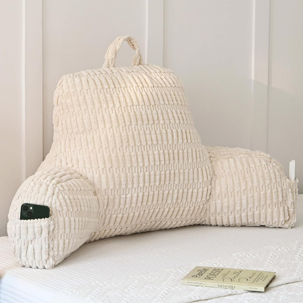 Faux Fur Reading Pillow for Sitting in Bed, Large Backrest Bed Pillow with Arms, Back Support Pillow for Lounging Bedrest, Beige