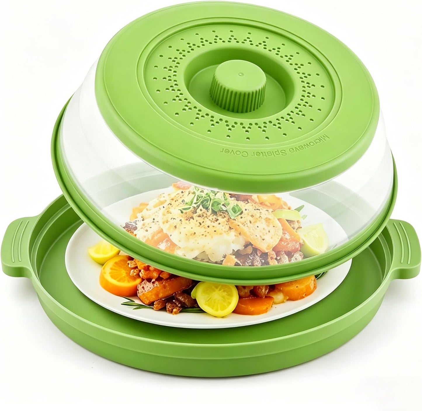 Microwave Splatter Cover with Anti-Scald Tray, 10.7" Collapsible - Red | Collapsible microwave food cover with an anti-scald tray. Fits most plates up to 10.7 inches and helps reduce food splatter.