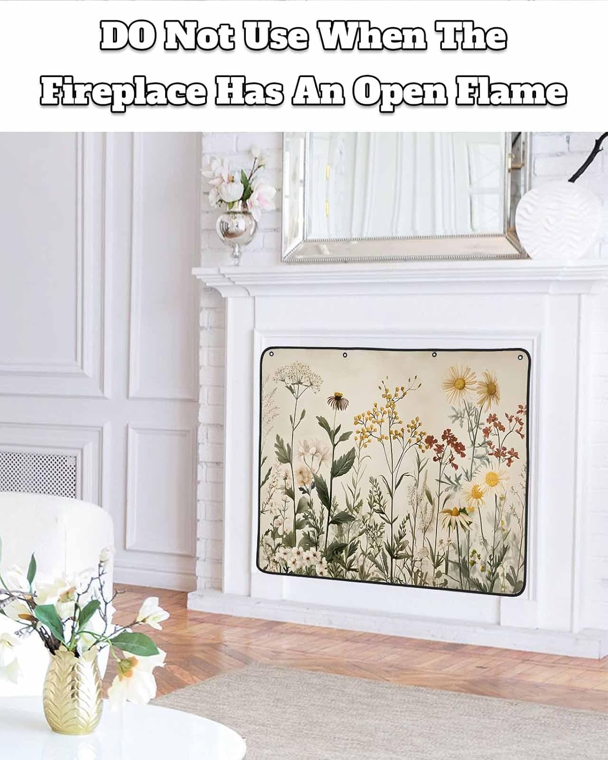Botanical Magnetic Fireplace Cover Decorative Indoor for Brick Fireplace, Retro Plant Wildflower Green Leaf Ferns Insulation Fireplace Blocker Blanket Draft Stop Hot Heat Save Energy, 51" Wx39 H