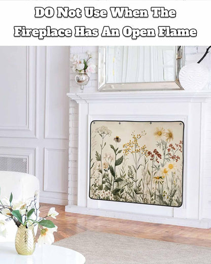 Botanical Magnetic Fireplace Cover Decorative Indoor for Brick Fireplace, Retro Plant Wildflower Green Leaf Ferns Insulation Fireplace Blocker Blanket Draft Stop Hot Heat Save Energy, 51" Wx39 H