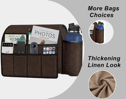 Ntomtuex Sofa Armchair Caddy Remote Control Holder with Water Bottle for Couch Recliner, Armrest Organizer with 7-Pocket Design for Magazines, Eyeglasses, iPad, Phone, Dark Grey