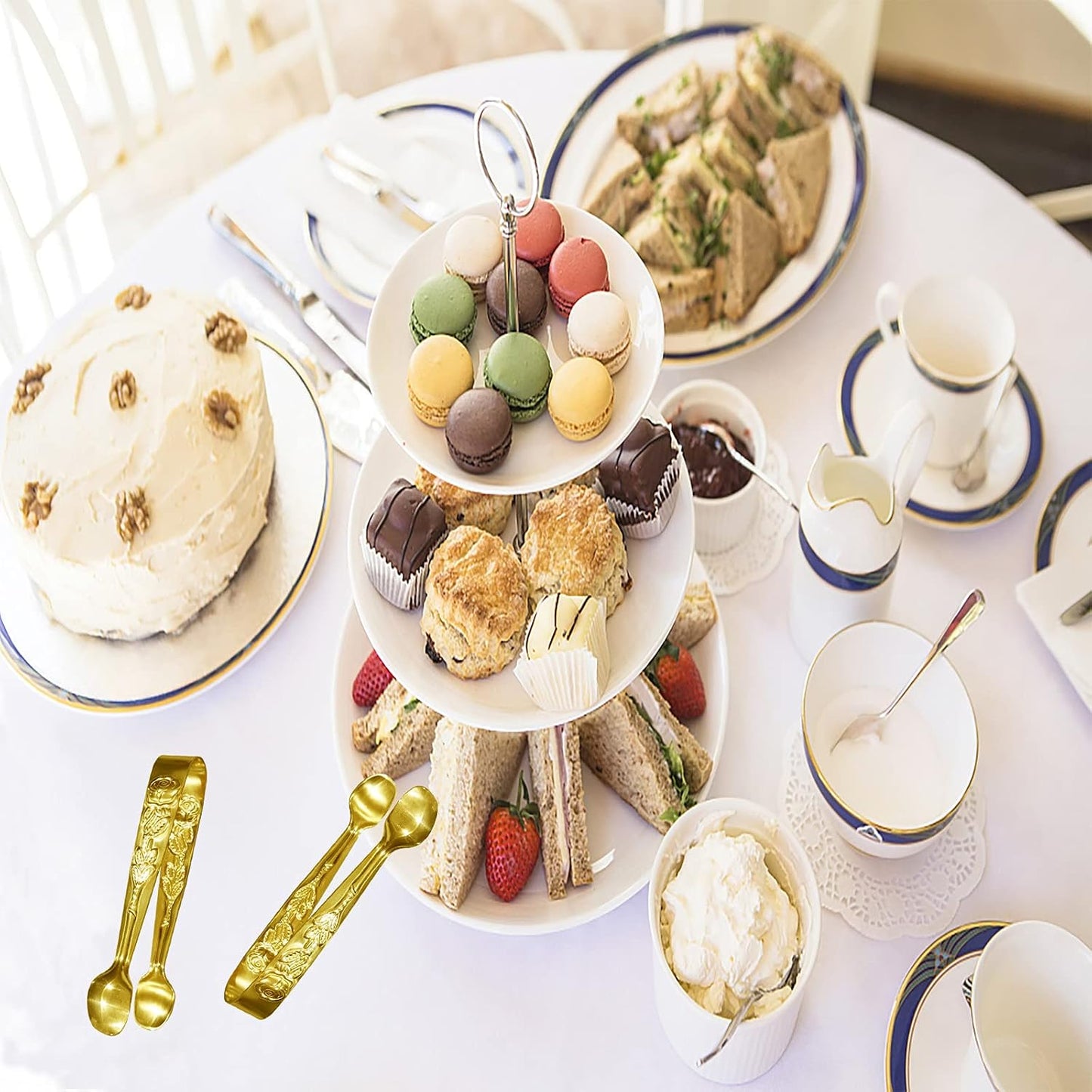 3PCS Mini Serving Tongs, 4Inch Rose Stainless Steel Sugar Cube Tongs, Sliver Small Ice Tong for Tea and Coffee Party, Appetizers, Desserts by Sunenlyst (Silver)