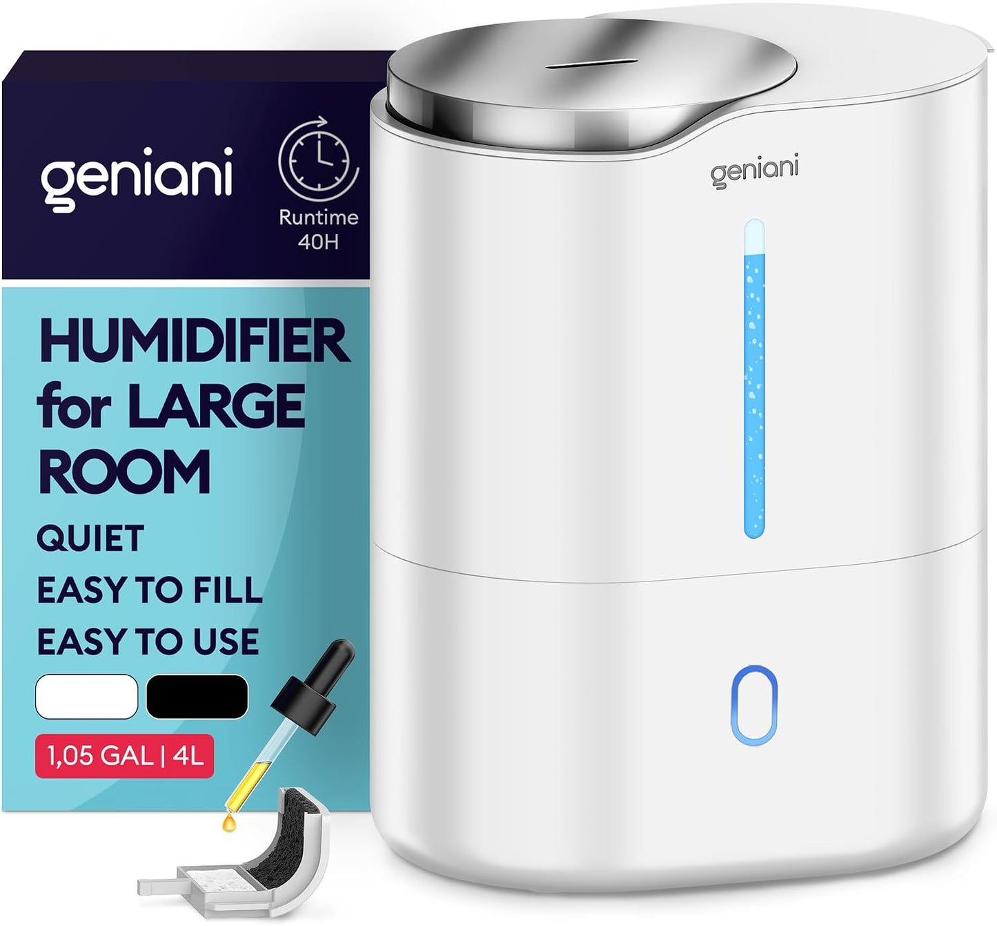 GENIANI Cool Mist Air Humidifiers for Bedroom, Plants, and Large Rooms - Quiet Humidifiers for Baby Room with Auto Shut Off & Night Light (3.9L, White)
