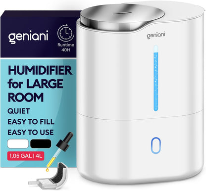 GENIANI Cool Mist Air Humidifiers for Bedroom, Plants, and Large Rooms - Quiet Humidifiers for Baby Room with Auto Shut Off & Night Light (3.9L, White)
