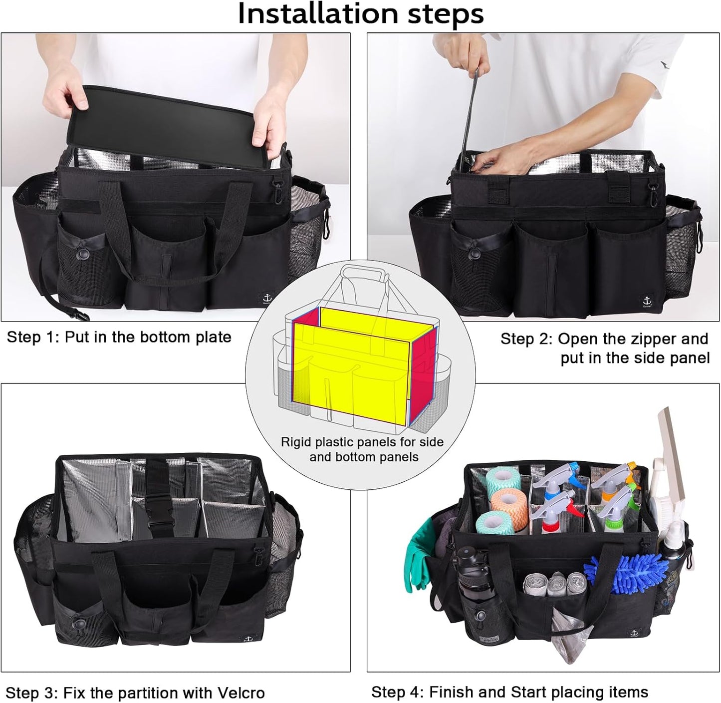 Large Cleaning Caddy Bag Built-in hard plastic sheet Aluminum foil lining | Waterproof nylon, aluminum foil lining, detachable dividers, dual straps for housekeepers