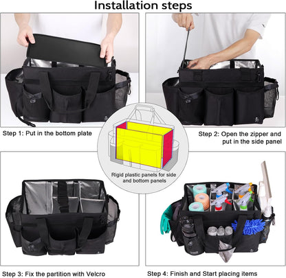 Large Cleaning Caddy Bag Built-in hard plastic sheet Aluminum foil lining | Waterproof nylon, aluminum foil lining, detachable dividers, dual straps for housekeepers