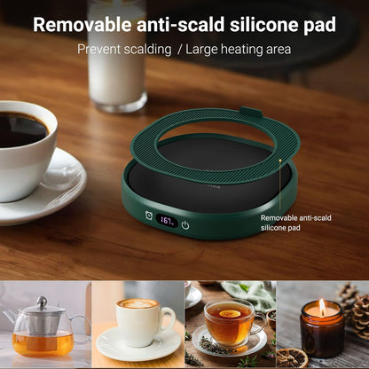 Coffee Mug Warmer & Pure Black Mug Set, Electric Cup Warmer for Desk | Beverage Warmer Plate for Coffee,Tea,4 Temperature Setting,8-Hours Auto Shut Off,14oz Mug with Spoon & Bamboo Lid Included