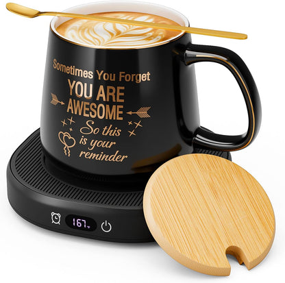 Coffee Mug Warmer & Pure Black Mug Set, Electric Cup Warmer for Desk | Beverage Warmer Plate for Coffee,Tea,4 Temperature Setting,8-Hours Auto Shut Off,14oz Mug with Spoon & Bamboo Lid Included
