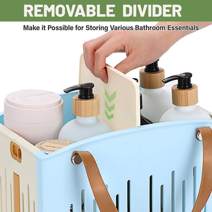 Portable Shower Caddy Collapsible Plastic Shower Basket Tote with Handles Removable Divider, Cleaning Caddy Storage Organizer for Bathroom College Dorm (White)